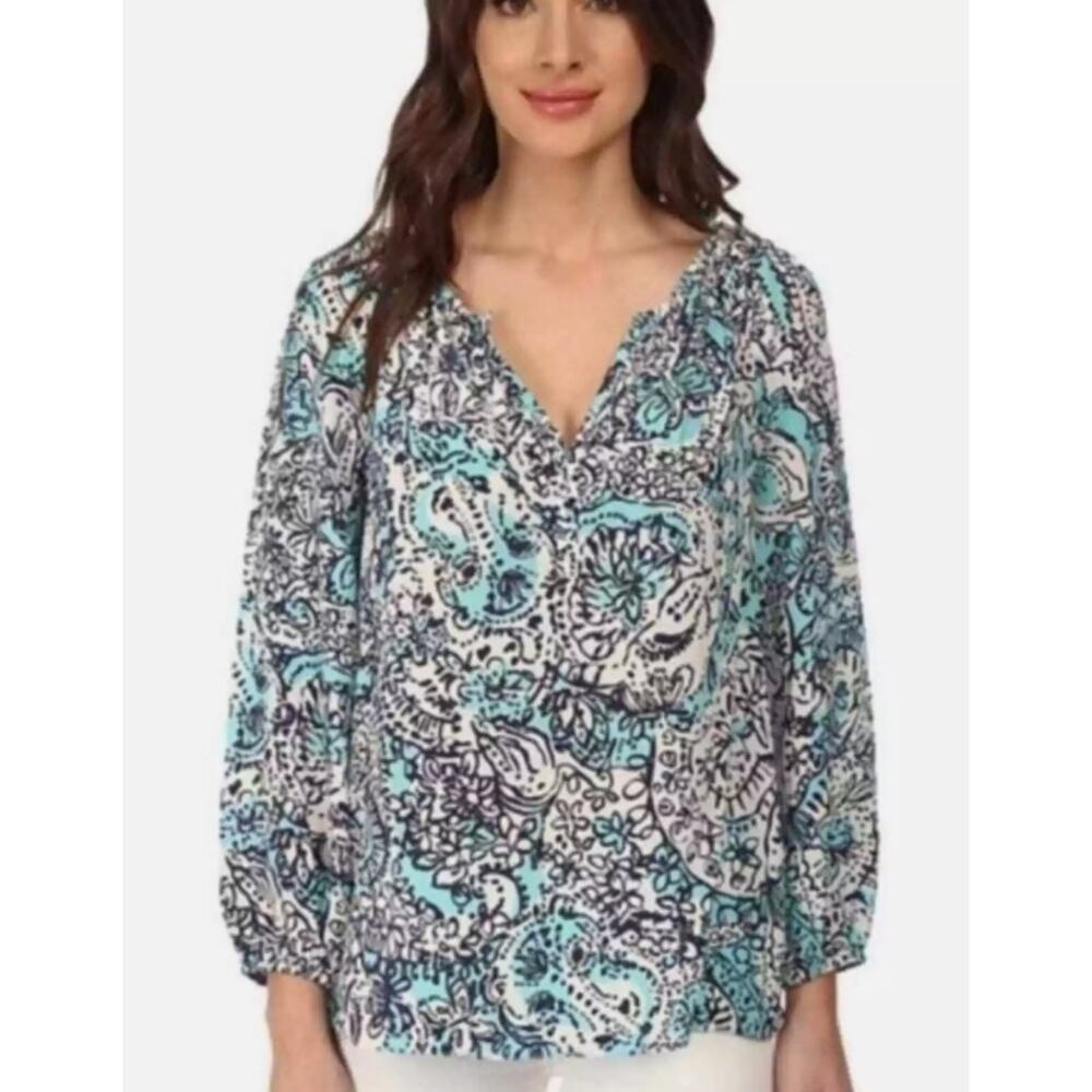 LILLY PULITZER Silk Sarabeth Top Medium Shorley Blue Hippy Hippy Shake